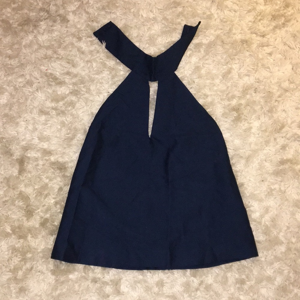 Backless peek a boo front navy blue top